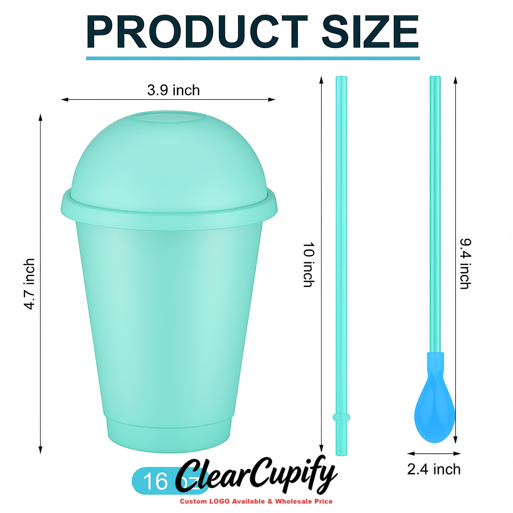 Aquamarine 16 oz Plastic Slushie Cups with Dome Lid & Detachable Spoon Straws for Milkshake, Boba, Smoothies, Iced Coffee
