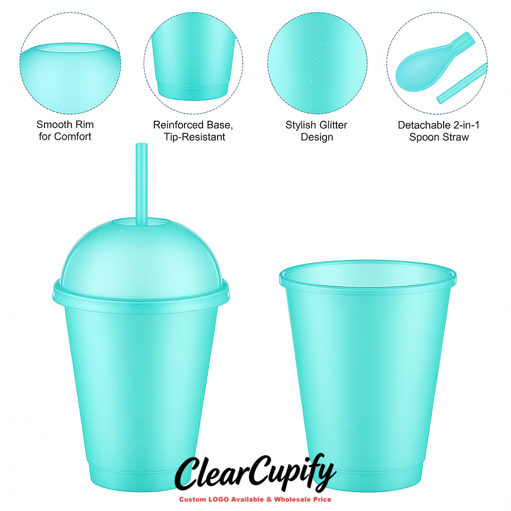 Aquamarine 16 oz Plastic Slushie Cups with Dome Lid & Detachable Spoon Straws for Milkshake, Boba, Smoothies, Iced Coffee
