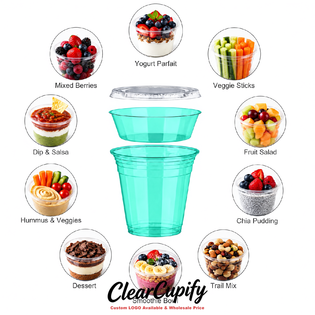 Aquamarine 12 oz Disposable Plastic Parfait Cups with Insert & Flat lids 3.85 x 2.1 x 4 inches