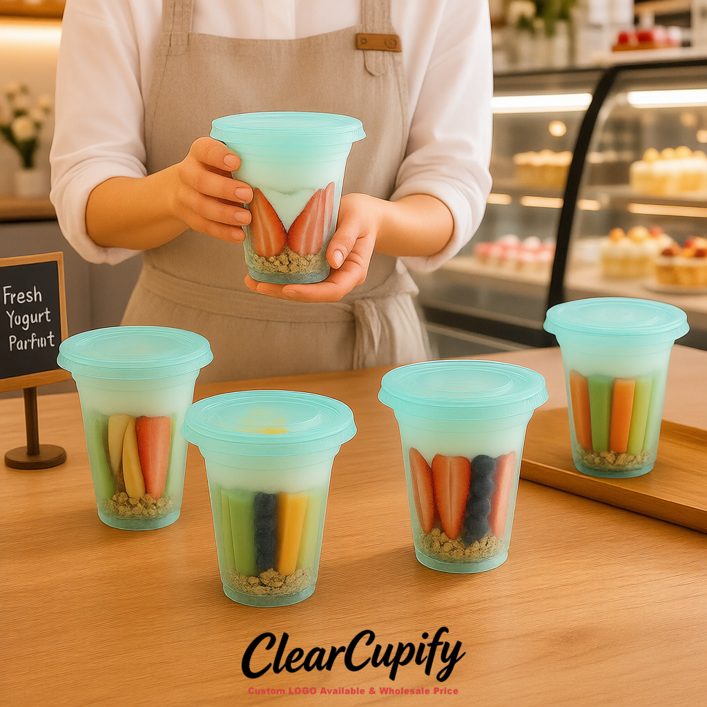 Aquamarine 12 oz Disposable Plastic Parfait Cups with Insert & Flat lids 3.85 x 2.1 x 4 inches