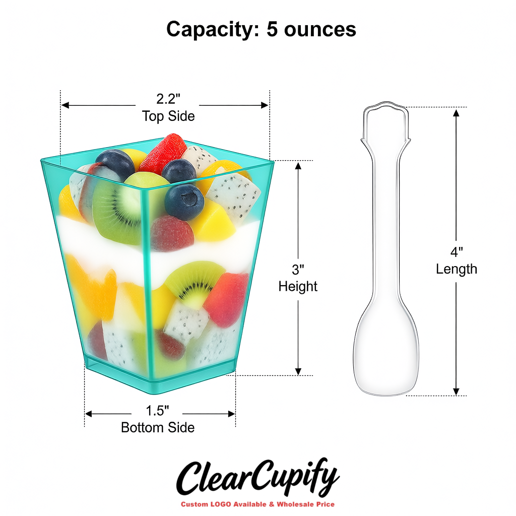 Wholesale Aquamarine 5 oz Square Clear Plastic Dessert Cups with Spoons for Appetizers, Puddings, Mousse, Parfait