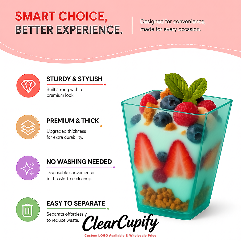 Wholesale Aquamarine 5 oz Square Clear Plastic Dessert Cups with Spoons for Appetizers, Puddings, Mousse, Parfait Wholesale Aquamarine 5 oz Square Clear Plastic Dessert Cups with Spoons for Appetizers, Puddings, Mousse, Parfait