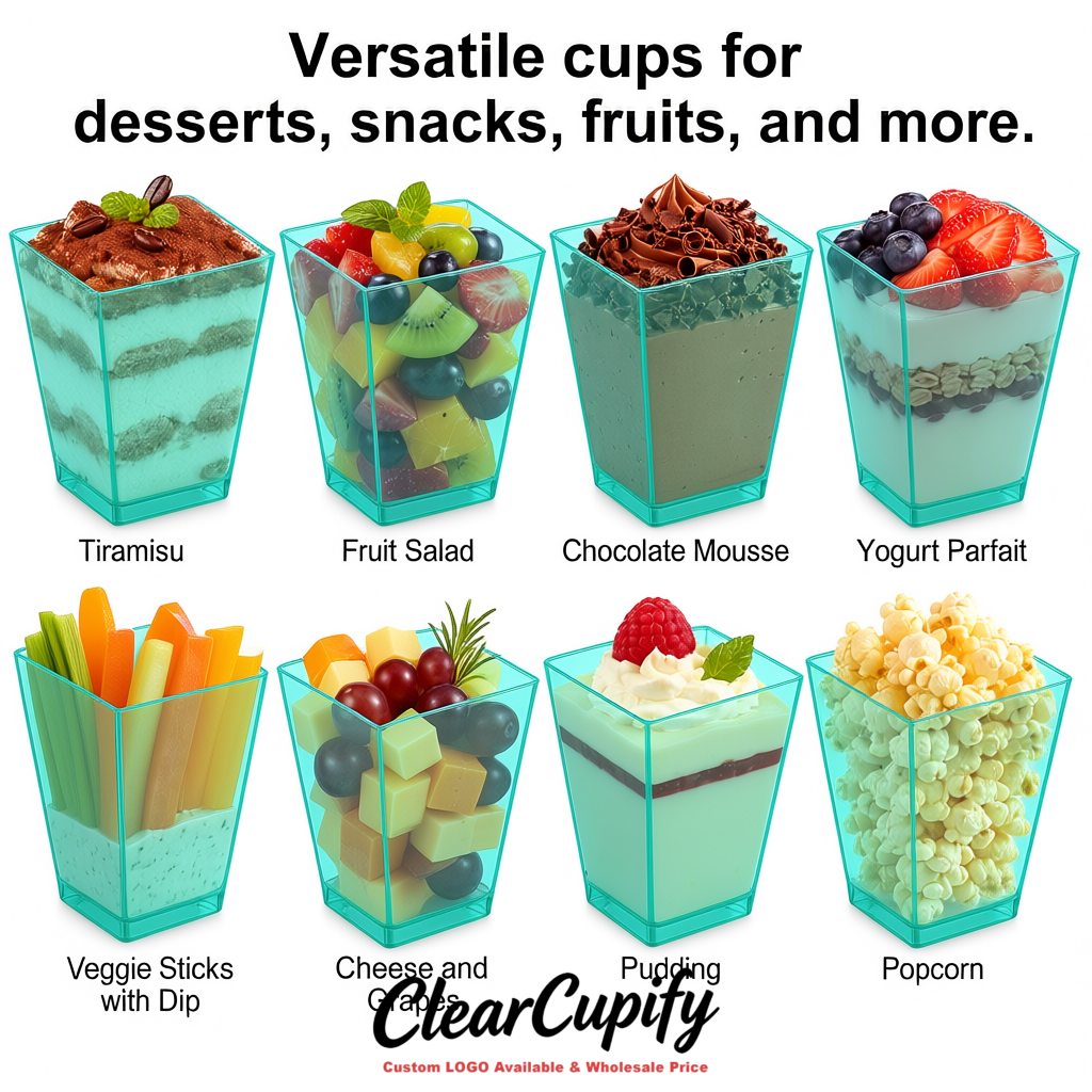 Wholesale Aquamarine 5 oz Square Clear Plastic Dessert Cups with Spoons for Appetizers, Puddings, Mousse, Parfait
