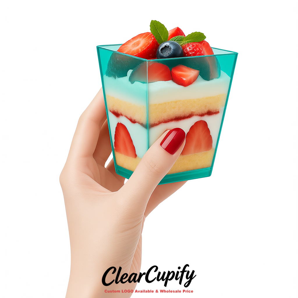 Wholesale Aquamarine 5 oz Square Clear Plastic Dessert Cups with Spoons for Appetizers, Puddings, Mousse, Parfait