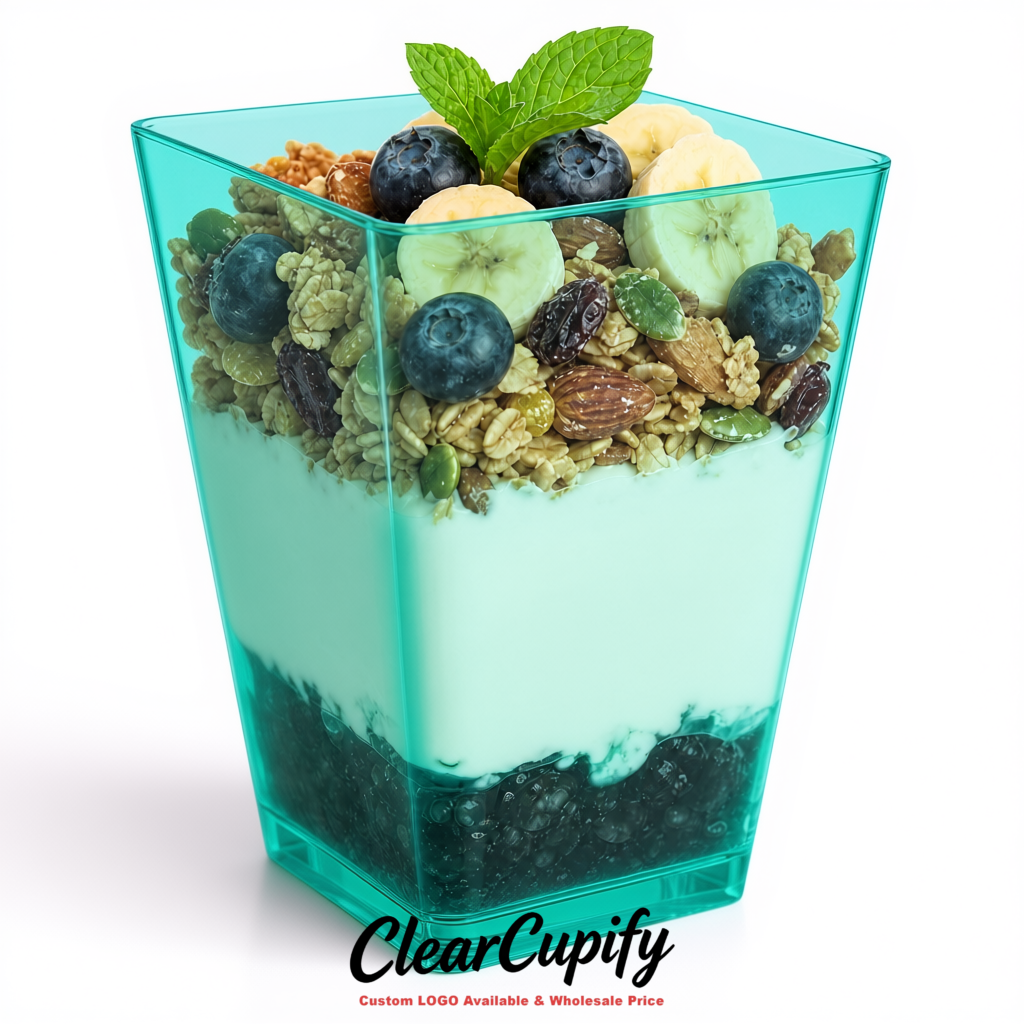 Wholesale Aquamarine 5 oz Square Clear Plastic Dessert Cups with Spoons for Appetizers, Puddings, Mousse, Parfait
