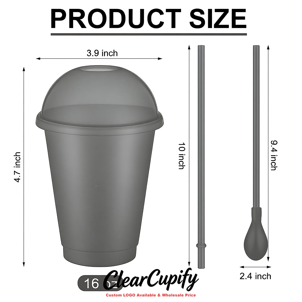 Aurora Gray 16 oz Plastic Slushie Cups with Dome Lid & Detachable Spoon Straws for Milkshake, Boba, Smoothies, Iced Coffee