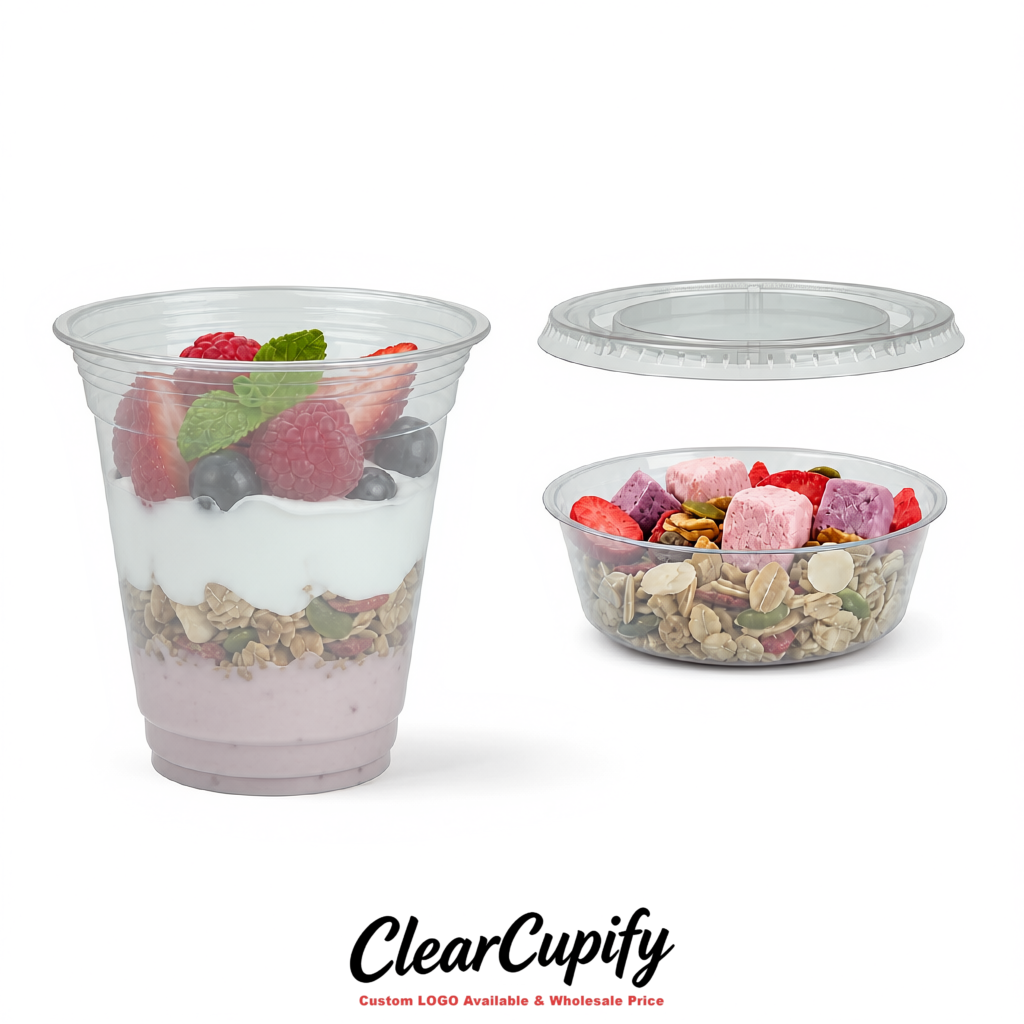 Aurora Gray 12 oz Disposable Plastic Parfait Cups with Insert & Flat lids 3.85 x 2.1 x 4 inches