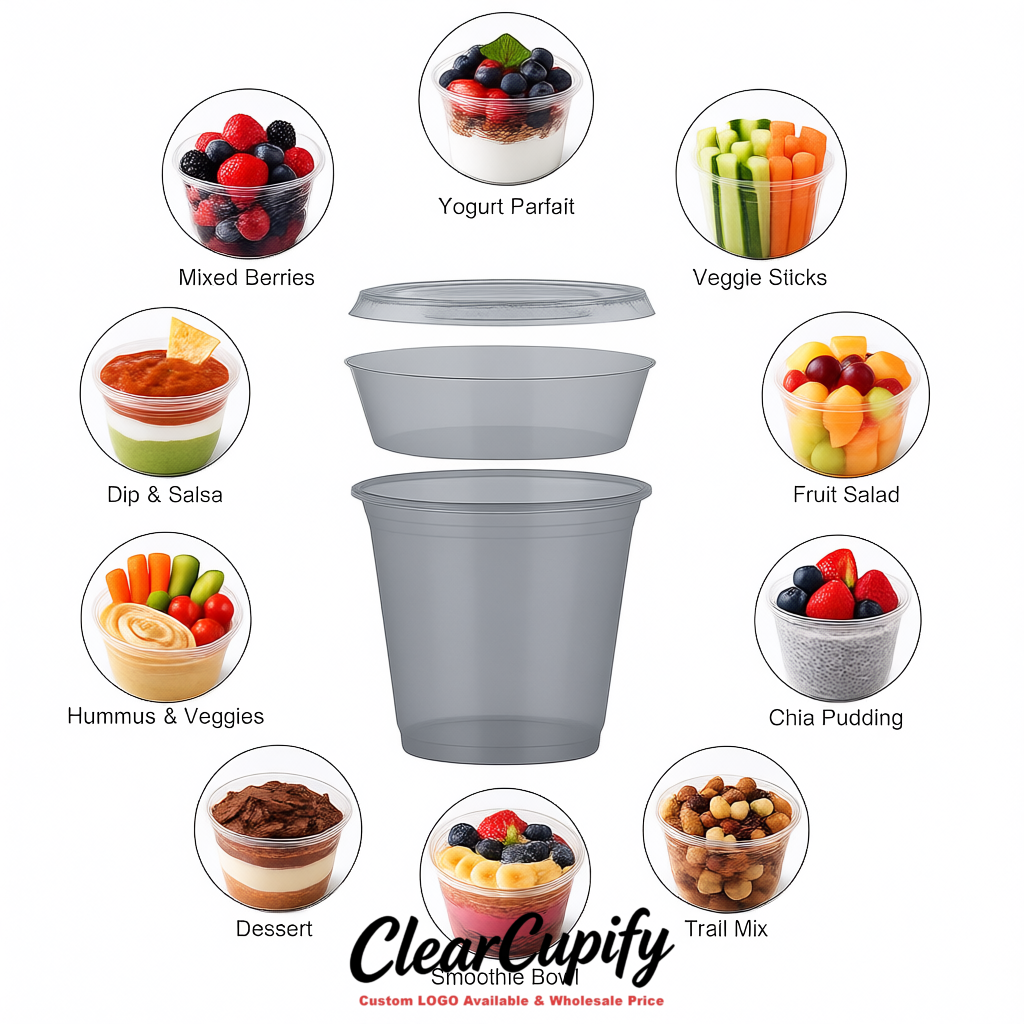 Aurora Gray 12 oz Disposable Plastic Parfait Cups with Insert & Flat lids 3.85 x 2.1 x 4 inches