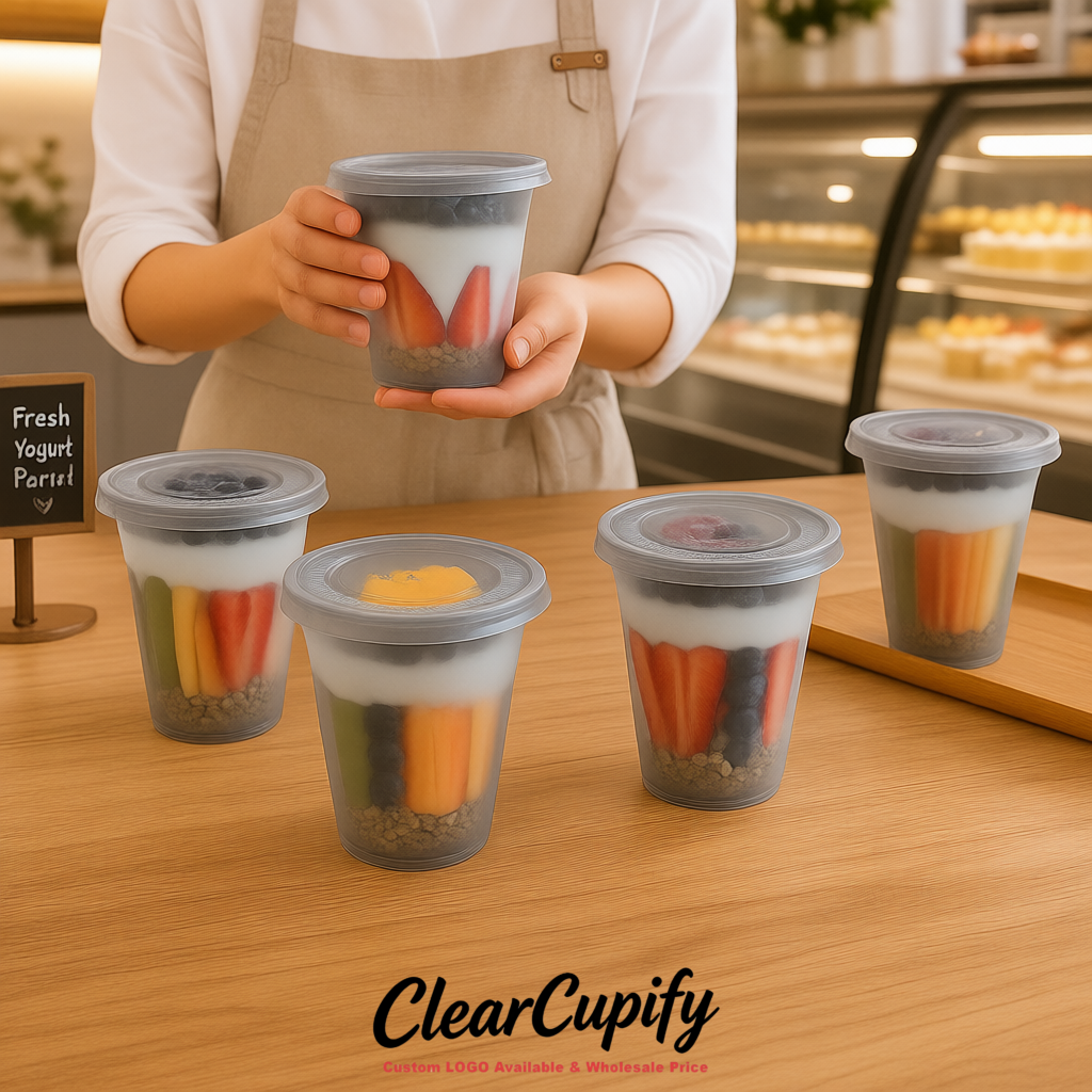 Aurora Gray 12 oz Disposable Plastic Parfait Cups with Insert & Flat lids 3.85 x 2.1 x 4 inches