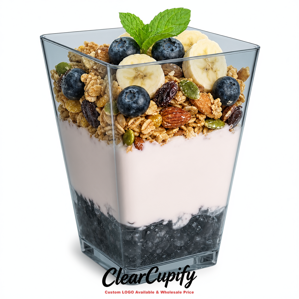 Wholesale Aurora Gray 5 oz Square Clear Plastic Dessert Cups with Spoons for Appetizers, Puddings, Mousse, Parfait