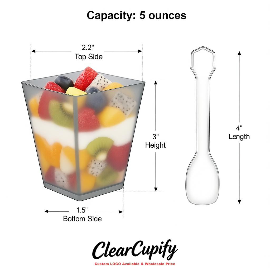Wholesale Aurora Gray 5 oz Square Clear Plastic Dessert Cups with Spoons for Appetizers, Puddings, Mousse, Parfait