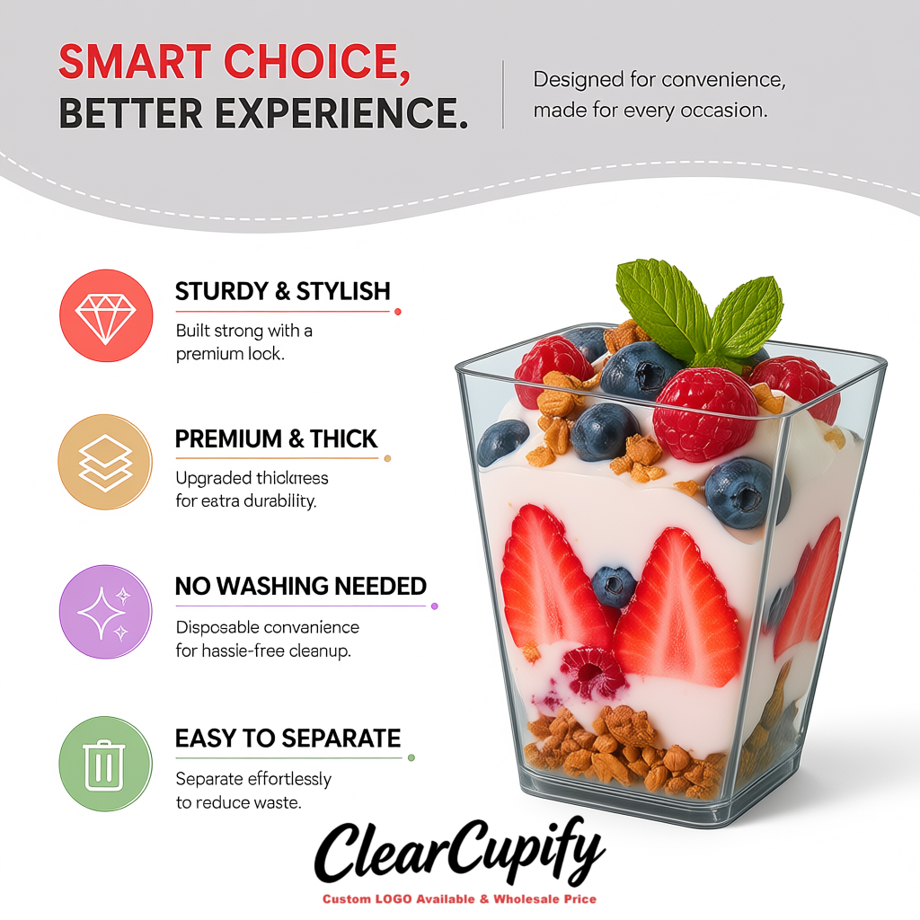 Wholesale Aurora Gray 5 oz Square Clear Plastic Dessert Cups with Spoons for Appetizers, Puddings, Mousse, Parfait
