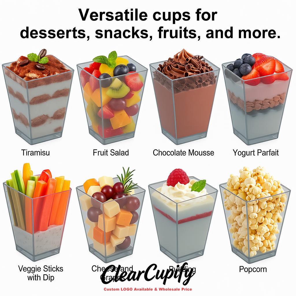 Wholesale Aurora Gray 5 oz Square Clear Plastic Dessert Cups with Spoons for Appetizers, Puddings, Mousse, Parfait