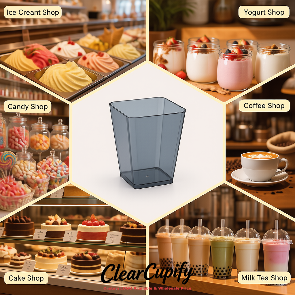 Wholesale Aurora Gray 5 oz Square Clear Plastic Dessert Cups with Spoons for Appetizers, Puddings, Mousse, Parfait