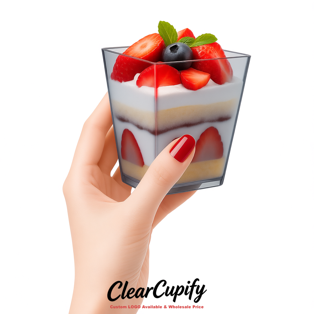 Wholesale Aurora Gray 5 oz Square Clear Plastic Dessert Cups with Spoons for Appetizers, Puddings, Mousse, Parfait