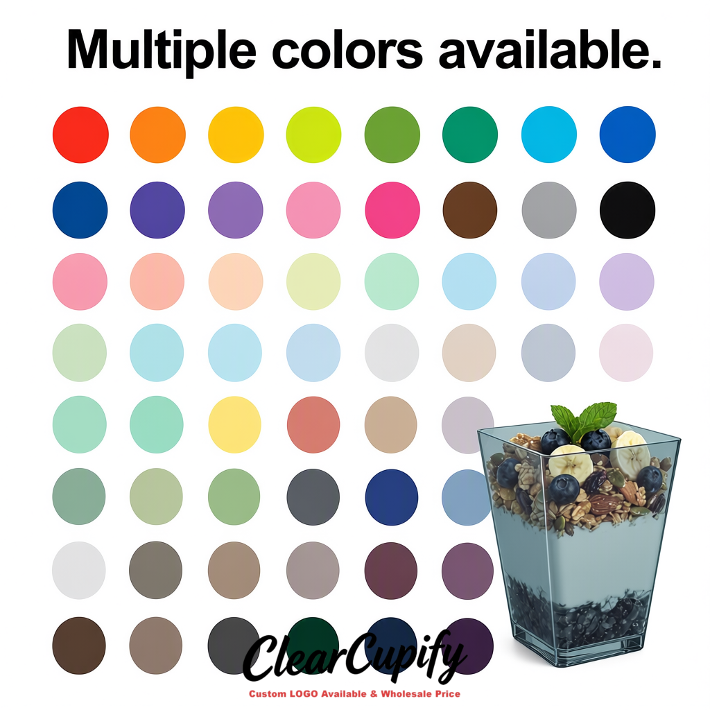 Wholesale Aurora Gray 5 oz Square Clear Plastic Dessert Cups with Spoons for Appetizers, Puddings, Mousse, Parfait Wholesale Aurora Gray 5 oz Square Clear Plastic Dessert Cups with Spoons for Appetizers, Puddings, Mousse, Parfait