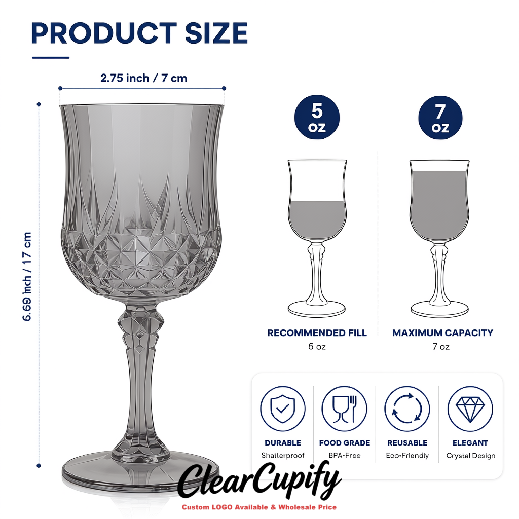 Aurora Gray 7oz Acrylic Plastic Wine Goblets - 2.7 x 6.7 inches Party & Wedding Wine Glasses