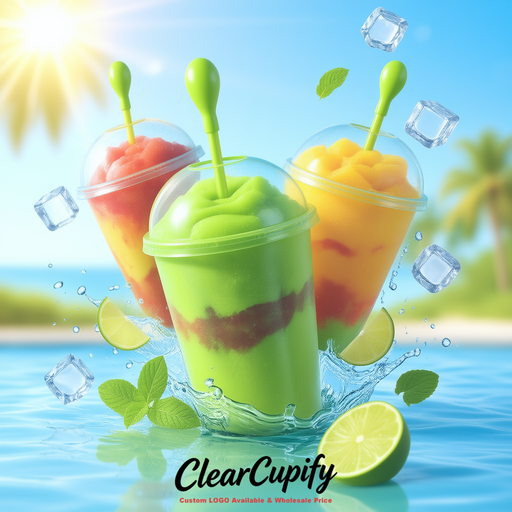 Avocado Green 16 oz Plastic Slushie Cups with Dome Lid & Detachable Spoon Straws for Milkshake, Boba, Smoothies, Iced Coffee