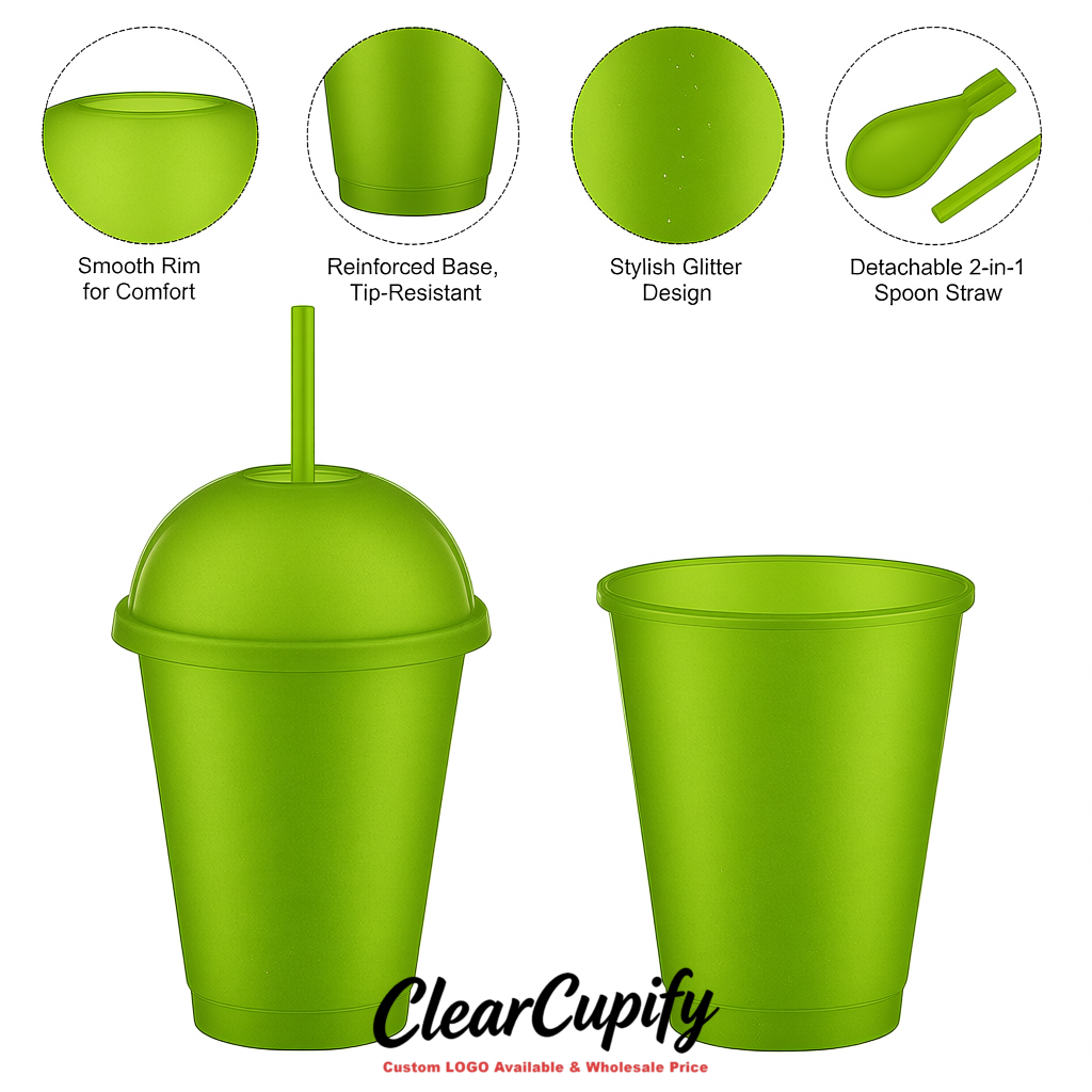 Avocado Green 16 oz Plastic Slushie Cups with Dome Lid & Detachable Spoon Straws for Milkshake, Boba, Smoothies, Iced Coffee
