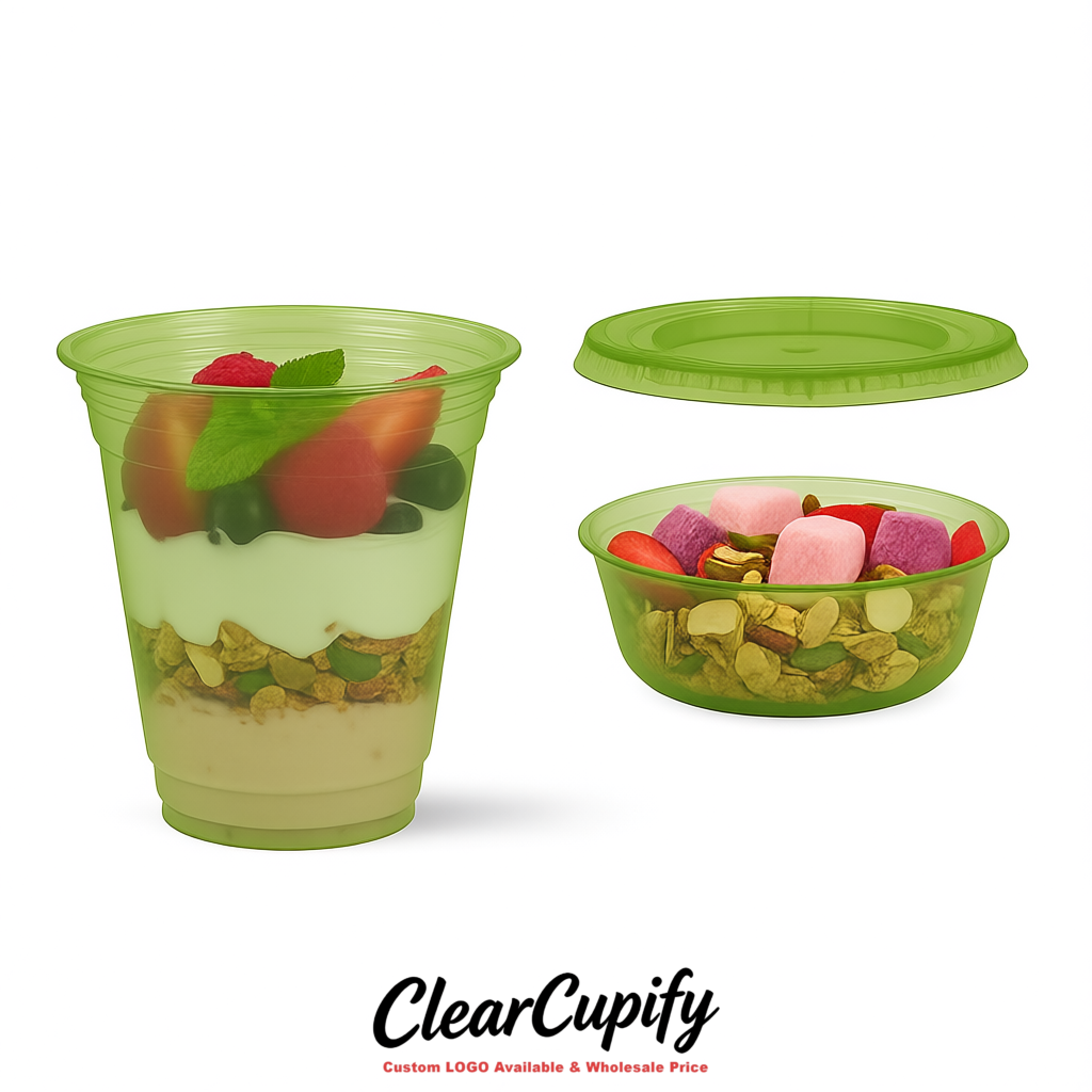 Avocado Green 12 oz Disposable Plastic Parfait Cups with Insert & Flat lids 3.85 x 2.1 x 4 inches
