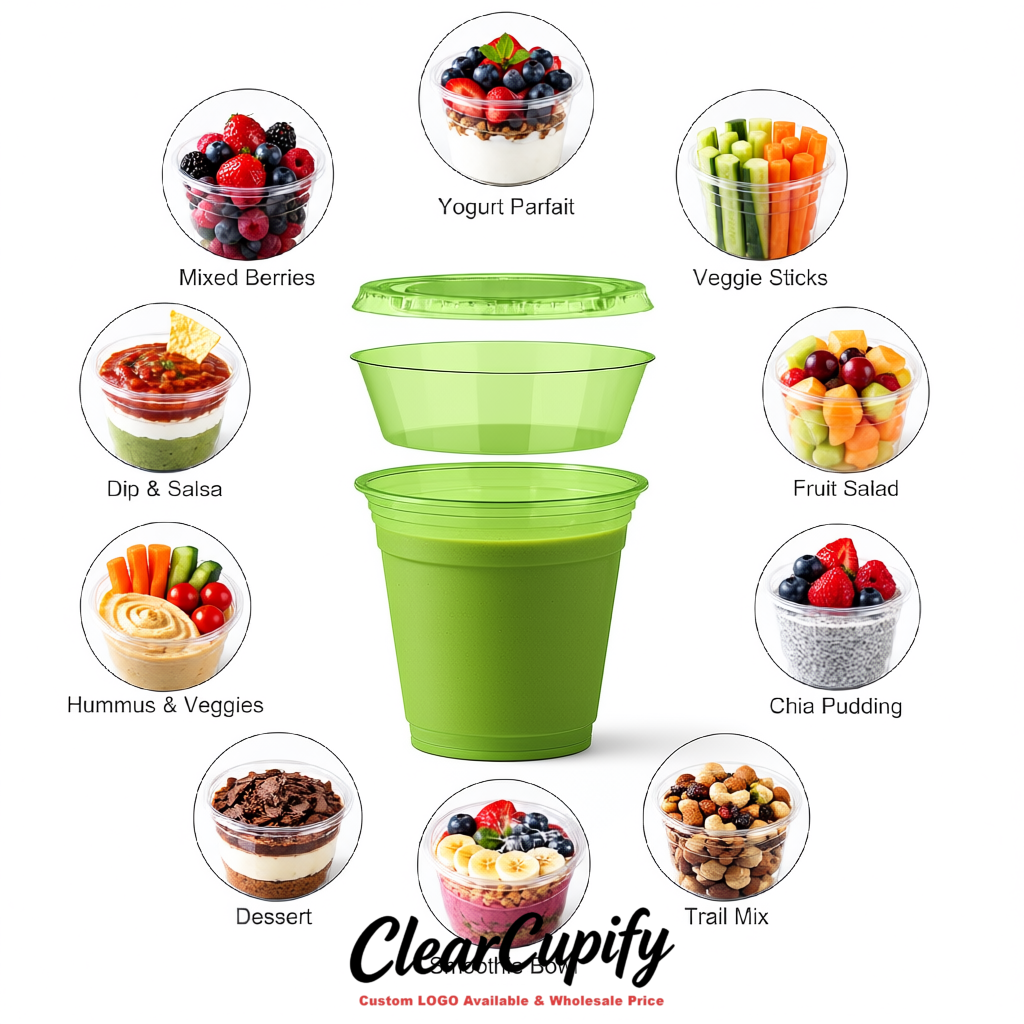 Avocado Green 12 oz Disposable Plastic Parfait Cups with Insert & Flat lids 3.85 x 2.1 x 4 inches