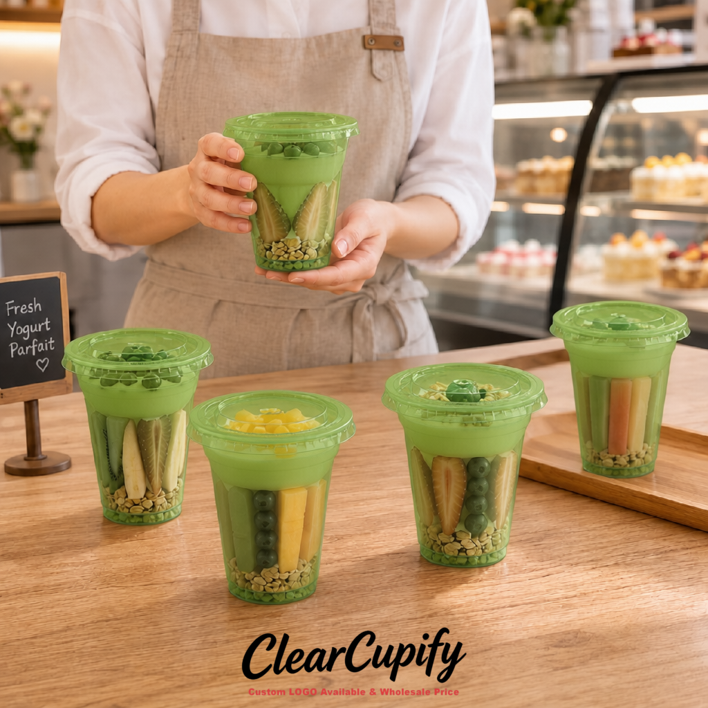 Avocado Green 12 oz Disposable Plastic Parfait Cups with Insert & Flat lids 3.85 x 2.1 x 4 inches