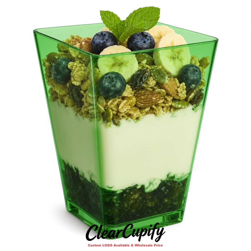 Wholesale Avocado Green 5 oz Square Clear Plastic Dessert Cups with Spoons for Appetizers, Puddings, Mousse, Parfait