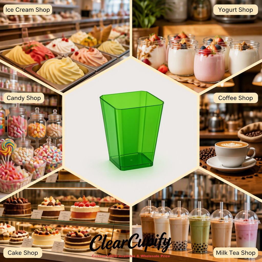 Wholesale Avocado Green 5 oz Square Clear Plastic Dessert Cups with Spoons for Appetizers, Puddings, Mousse, Parfait