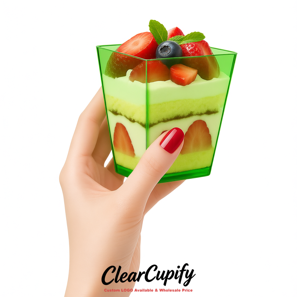 Wholesale Avocado Green 5 oz Square Clear Plastic Dessert Cups with Spoons for Appetizers, Puddings, Mousse, Parfait