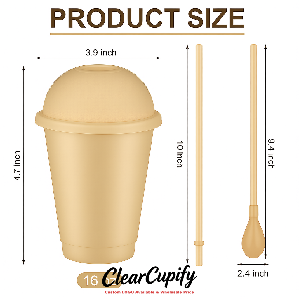 Beige 16 oz Plastic Slushie Cups with Dome Lid & Detachable Spoon Straws for Milkshake, Boba, Smoothies, Iced Coffee