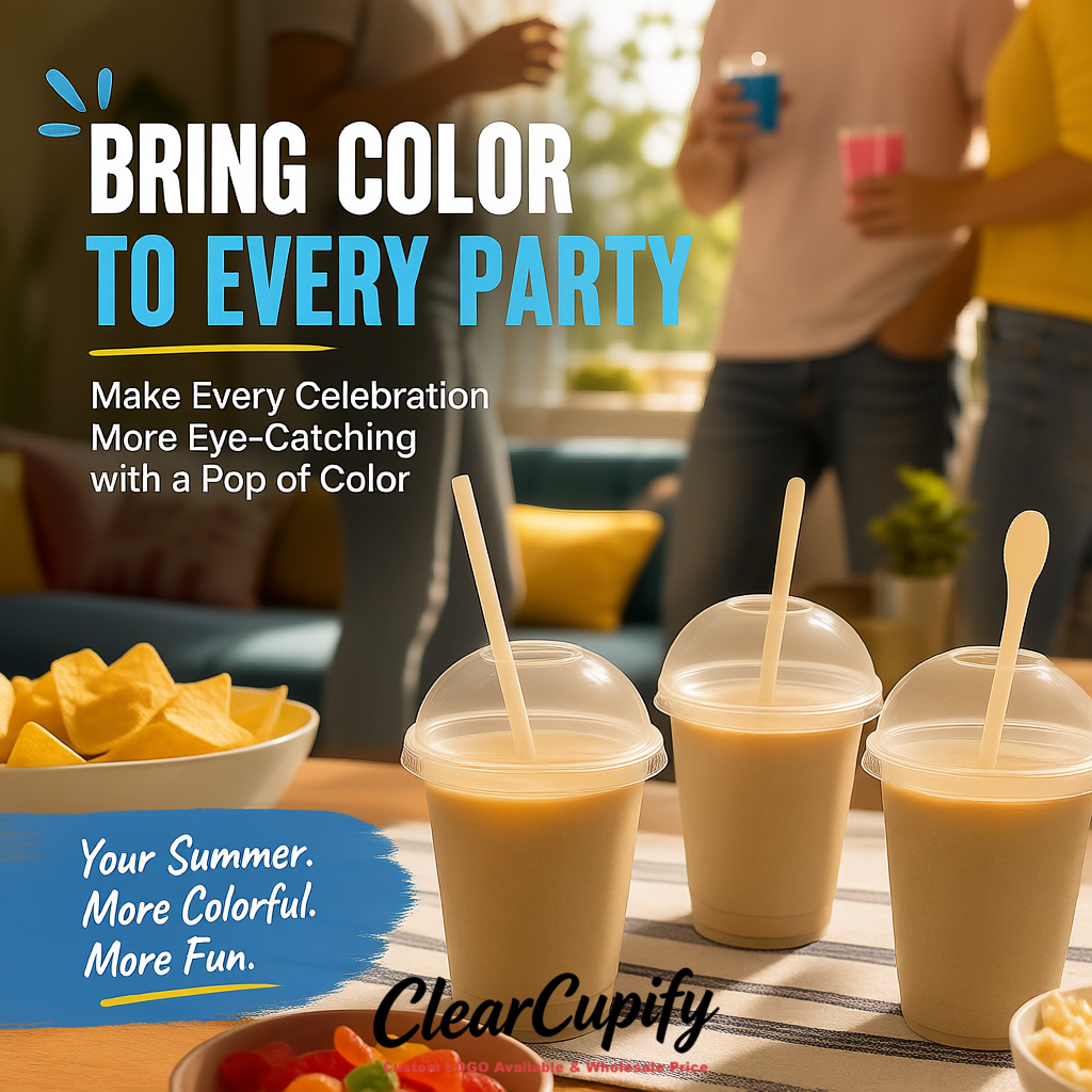 Beige 16 oz Plastic Slushie Cups with Dome Lid & Detachable Spoon Straws for Milkshake, Boba, Smoothies, Iced Coffee