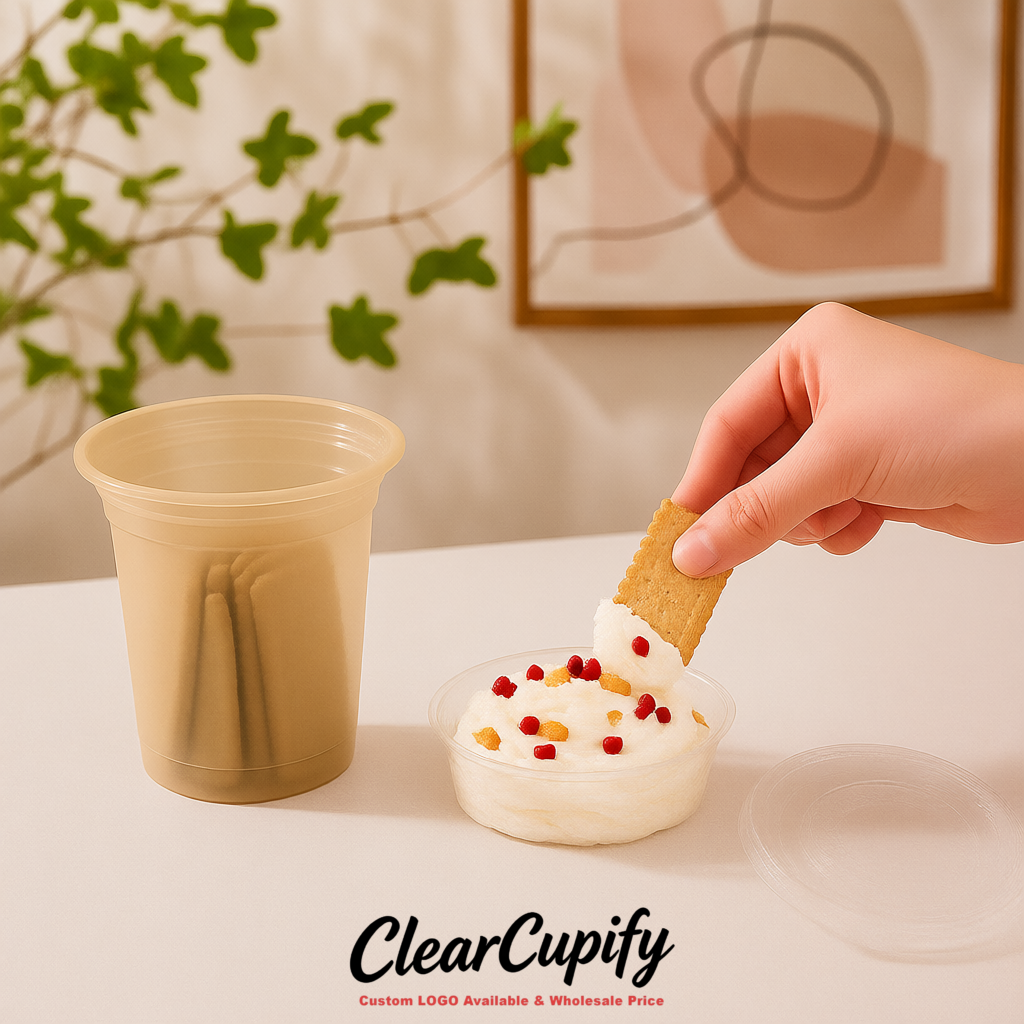 Beige 12 oz Disposable Plastic Parfait Cups with Insert & Flat lids 3.85 x 2.1 x 4 inches Beige 12 oz Disposable Plastic Parfait Cups with Insert & Flat lids 3.85 x 2.1 x 4 inches
