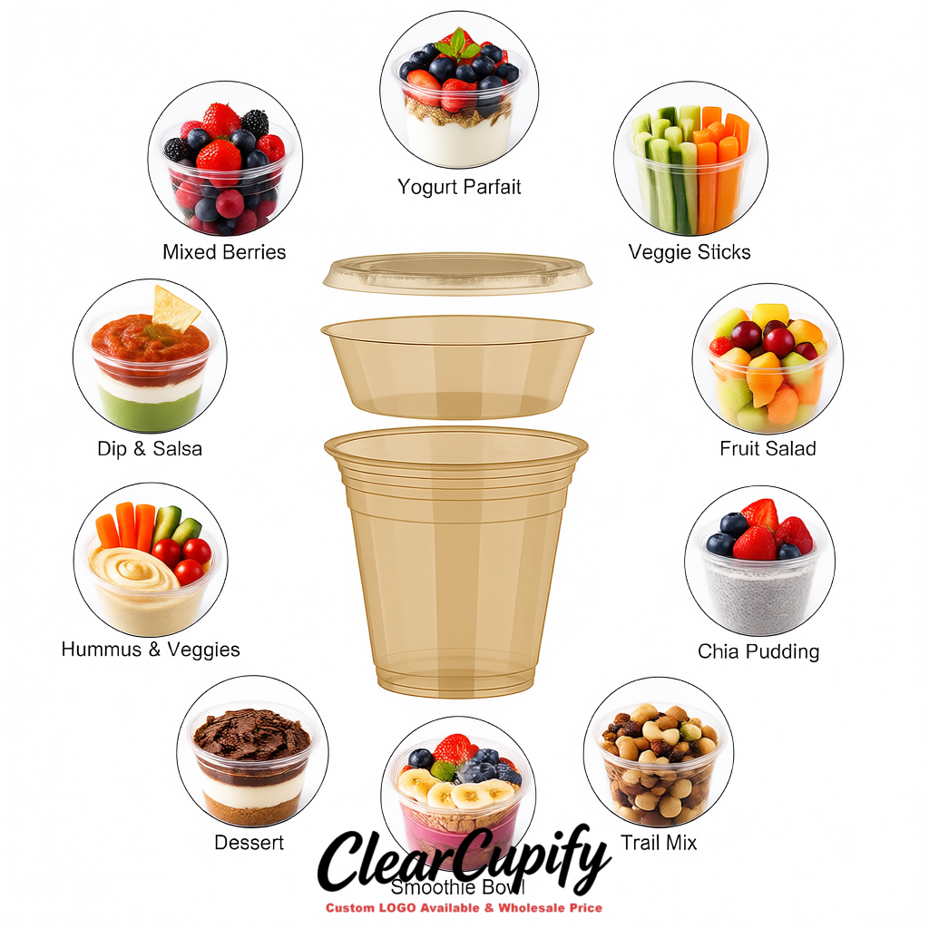 Beige 12 oz Disposable Plastic Parfait Cups with Insert & Flat lids 3.85 x 2.1 x 4 inches