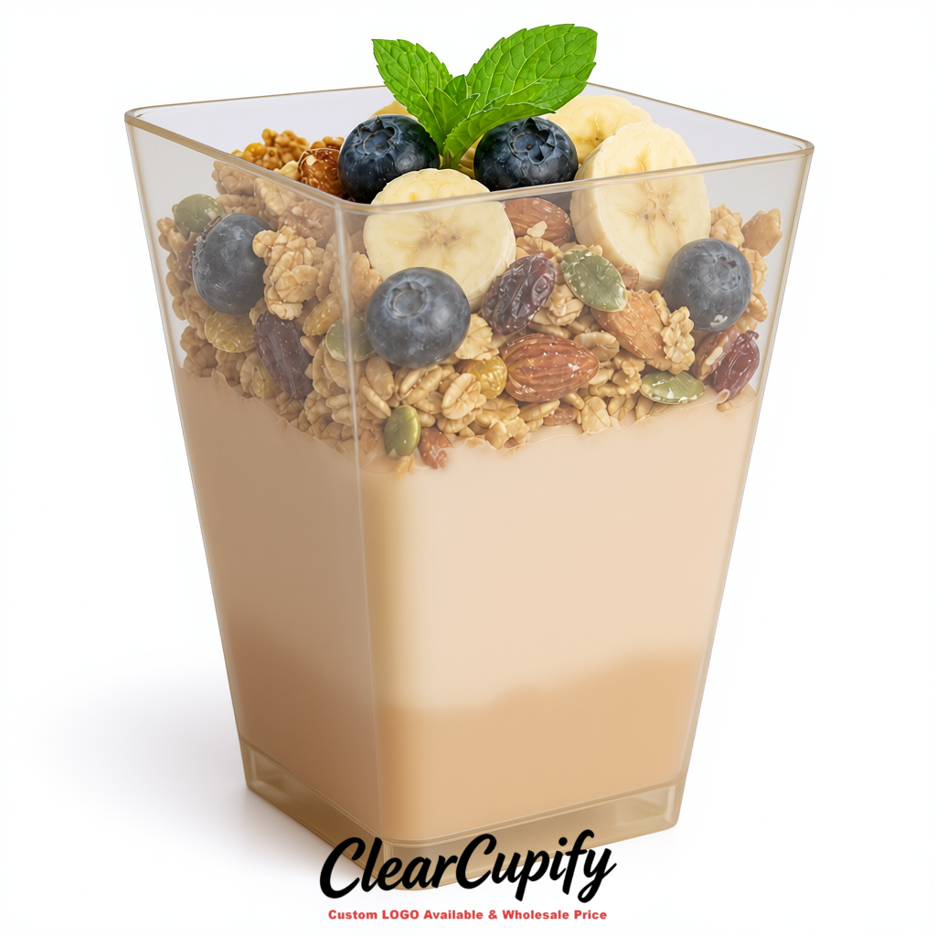 Wholesale Beige 5 oz Square Clear Plastic Dessert Cups with Spoons for Appetizers, Puddings, Mousse, Parfait