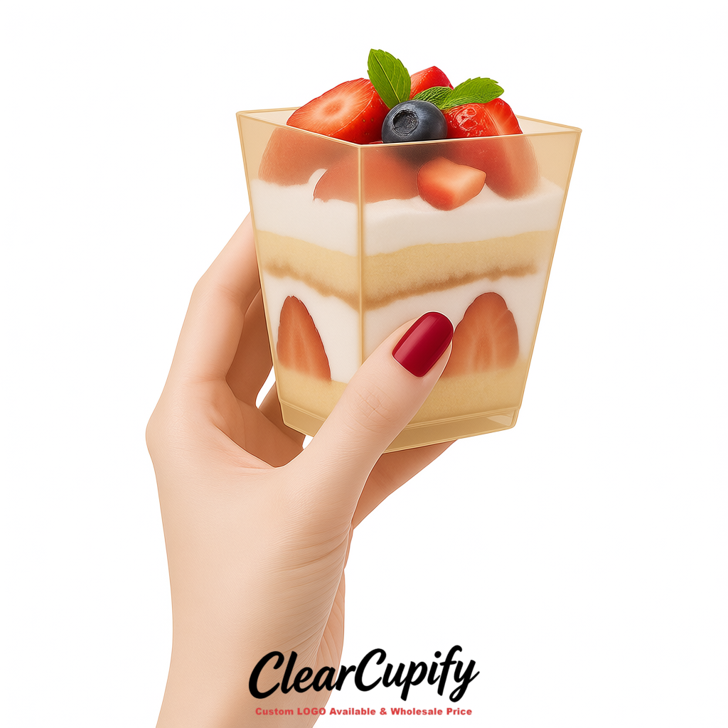 Wholesale Beige 5 oz Square Clear Plastic Dessert Cups with Spoons for Appetizers, Puddings, Mousse, Parfait