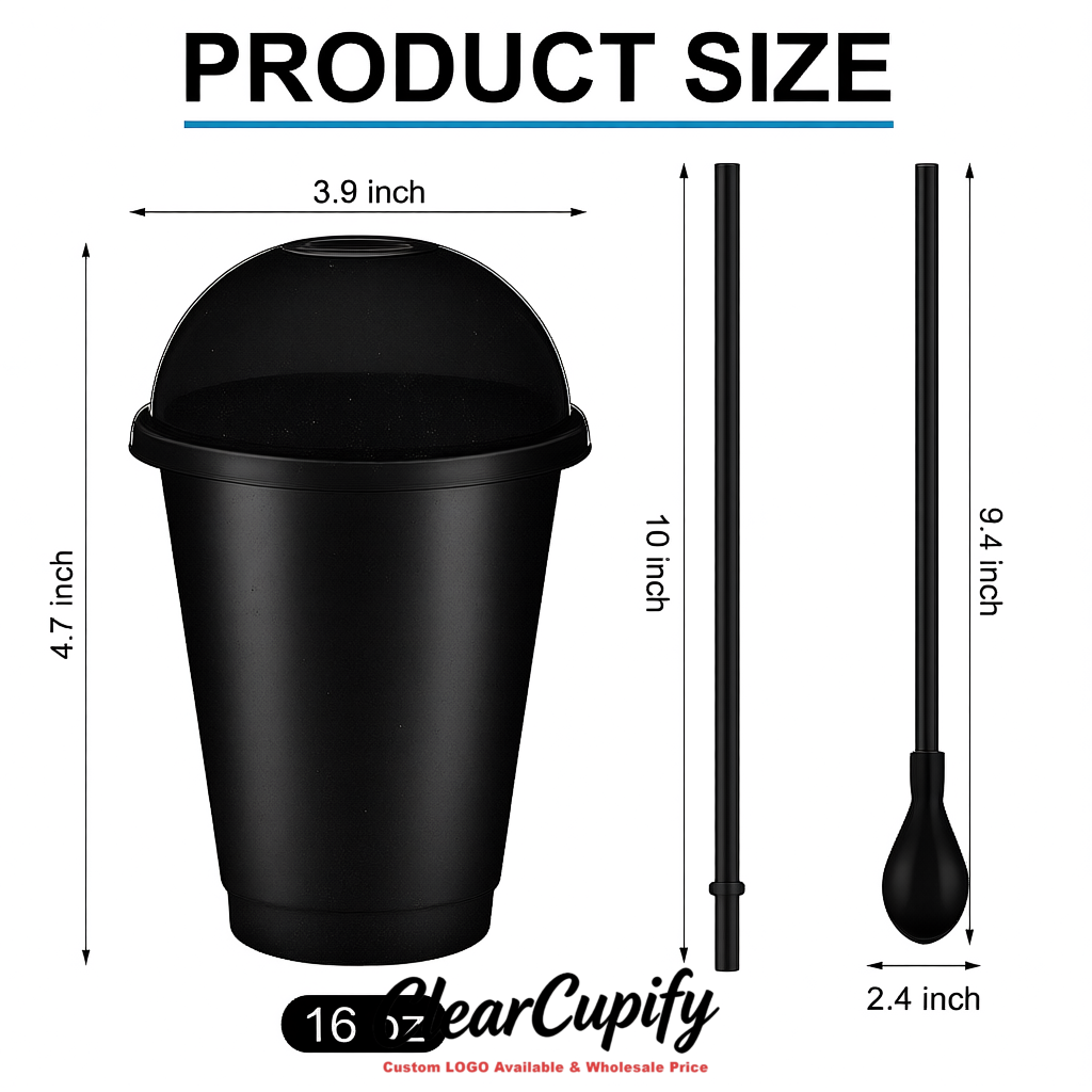 Black 16 oz Plastic Slushie Cups with Dome Lid & Detachable Spoon Straws for Milkshake, Boba, Smoothies, Iced Coffee