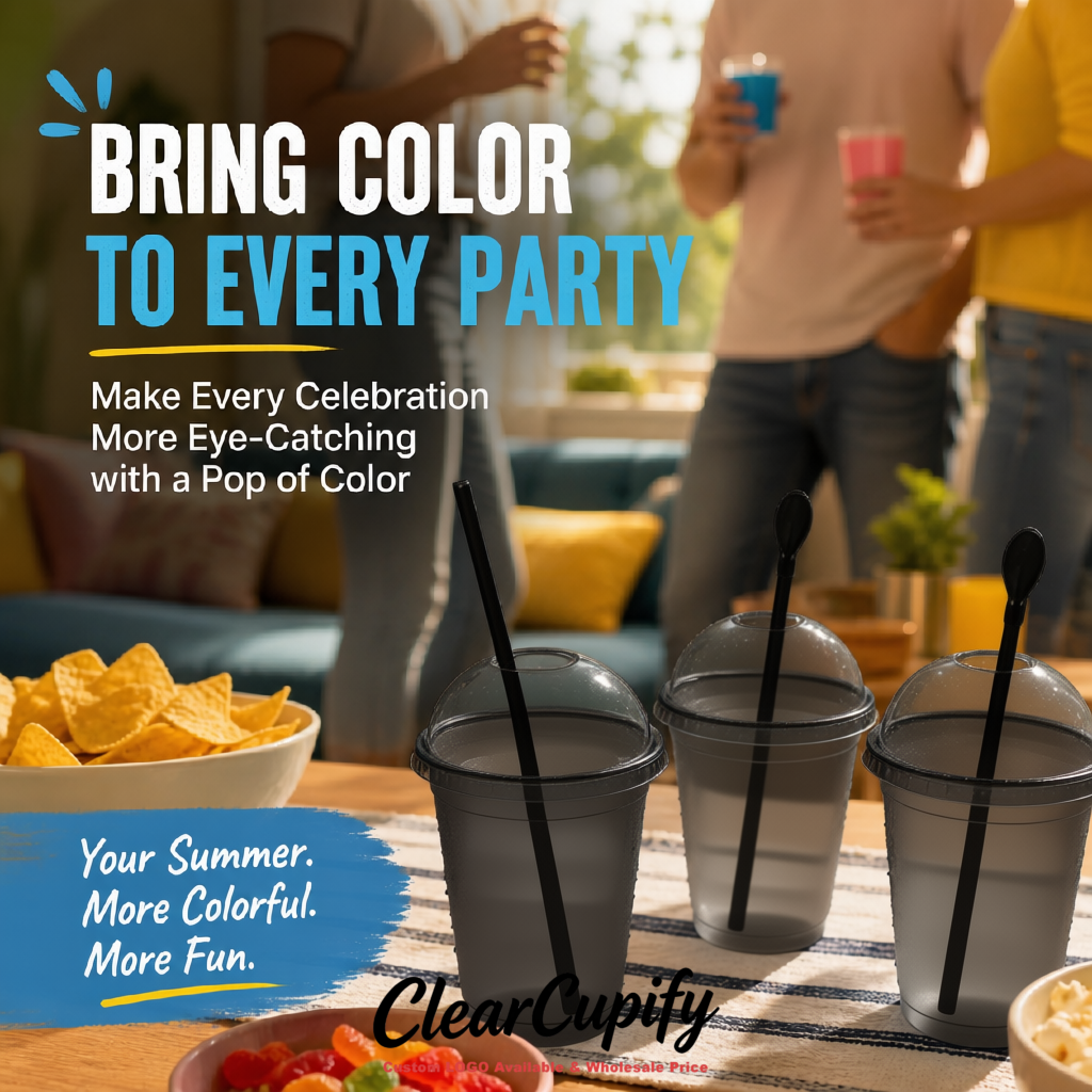 Black 16 oz Plastic Slushie Cups with Dome Lid & Detachable Spoon Straws for Milkshake, Boba, Smoothies, Iced Coffee