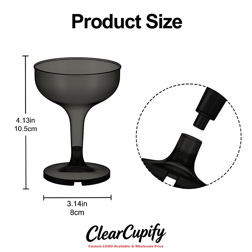 Black 5oz Stackable Plastic Martini Glasses 4.13x3.14 inches/10.5x8 cm  For Champagne Tower