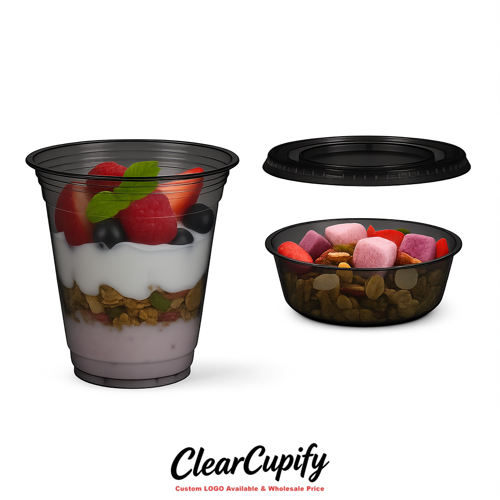 Black 12 oz Disposable Plastic Parfait Cups with Insert & Flat lids 3.85 x 2.1 x 4 inches