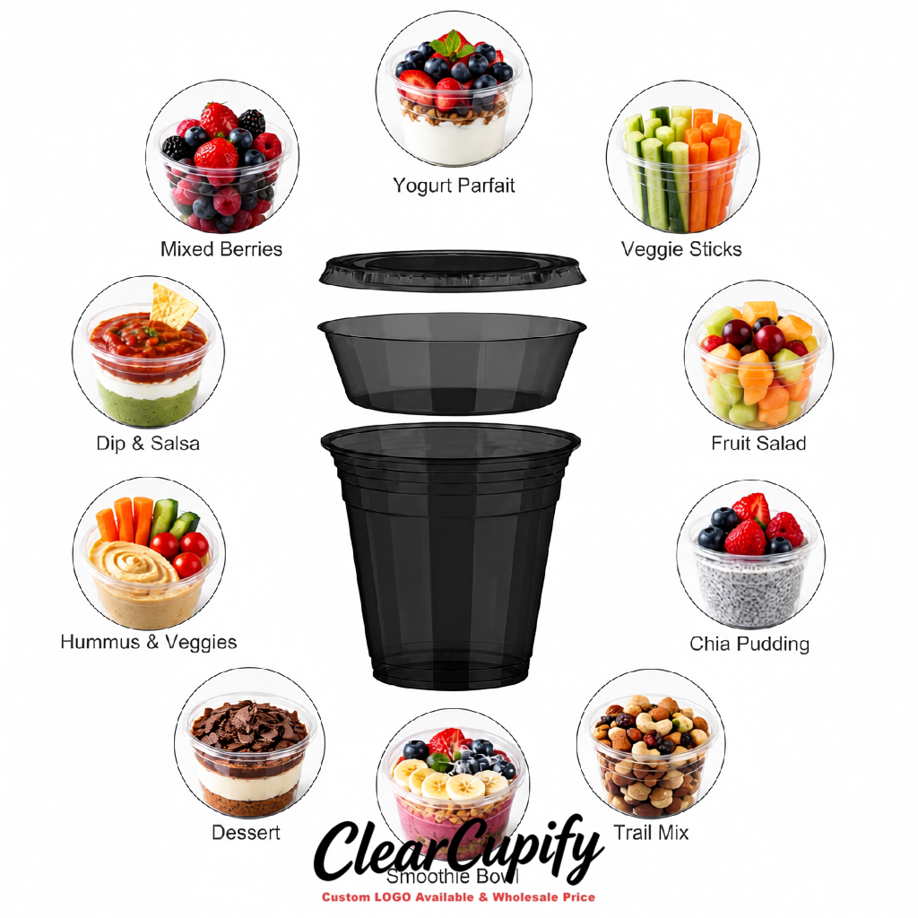 Black 12 oz Disposable Plastic Parfait Cups with Insert & Flat lids 3.85 x 2.1 x 4 inches
