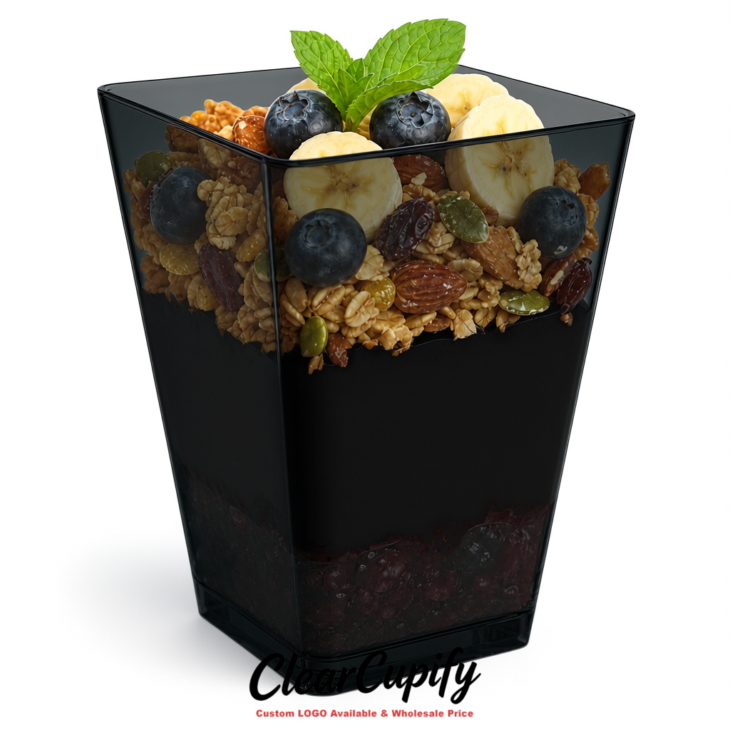 Wholesale Black 5 oz Square Clear Plastic Dessert Cups with Spoons for Appetizers, Puddings, Mousse, Parfait