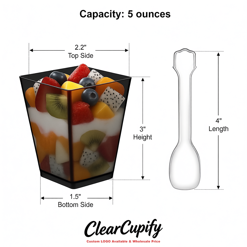 Wholesale Black 5 oz Square Clear Plastic Dessert Cups with Spoons for Appetizers, Puddings, Mousse, Parfait