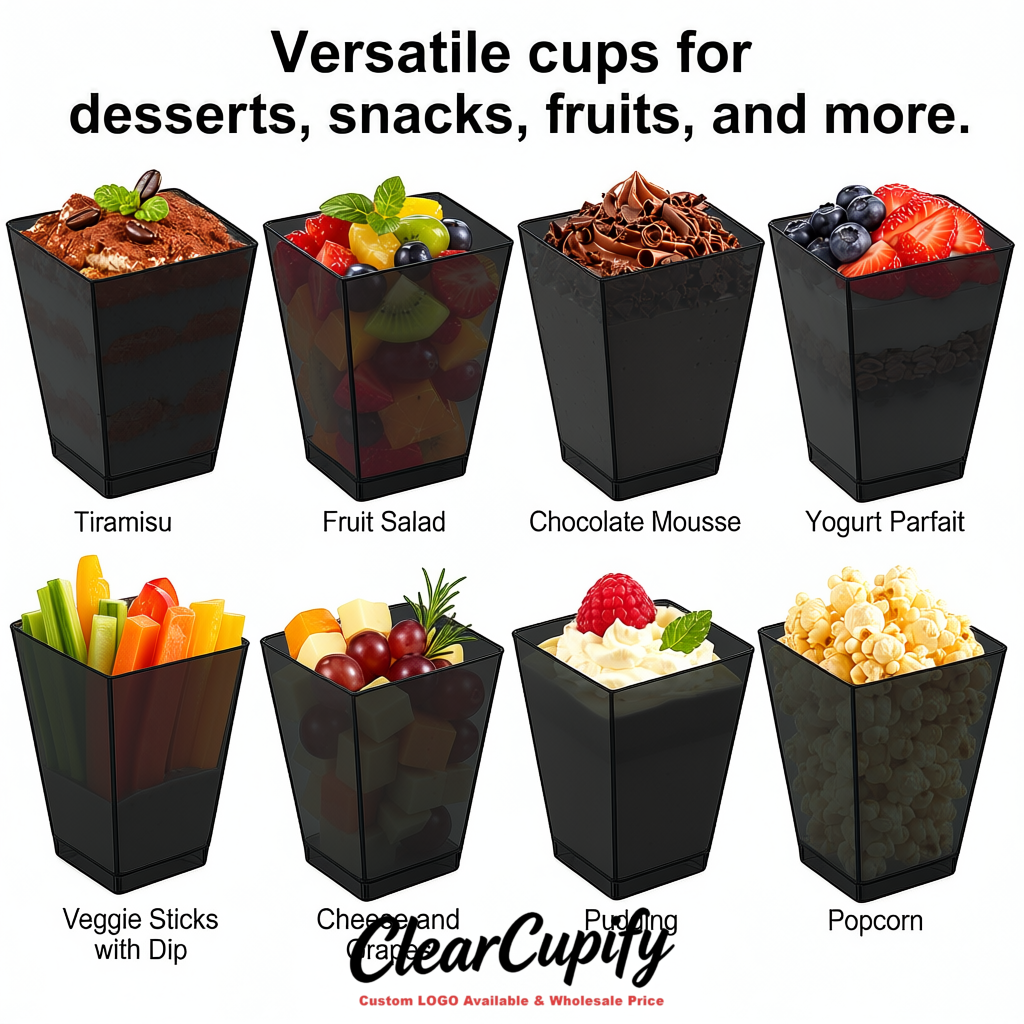 Wholesale Black 5 oz Square Clear Plastic Dessert Cups with Spoons for Appetizers, Puddings, Mousse, Parfait