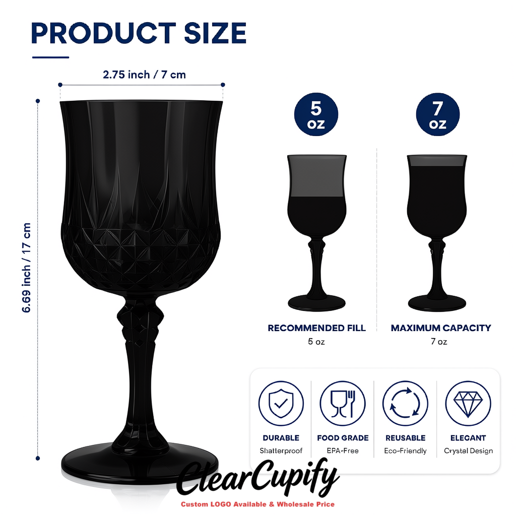 Black 7oz Acrylic Plastic Wine Goblets - 2.7 x 6.7 inches Party & Wedding Wine Glasses