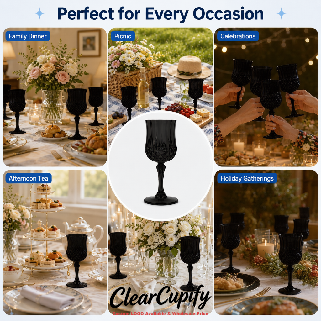 Black 7oz Acrylic Plastic Wine Goblets - 2.7 x 6.7 inches Party & Wedding Wine Glasses
