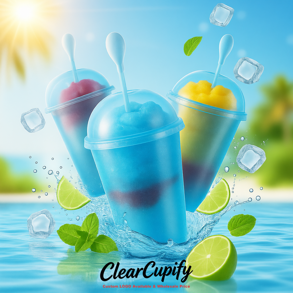 Blue 16 oz Plastic Slushie Cups with Dome Lid & Detachable Spoon Straws for Milkshake, Boba, Smoothies, Iced Coffee