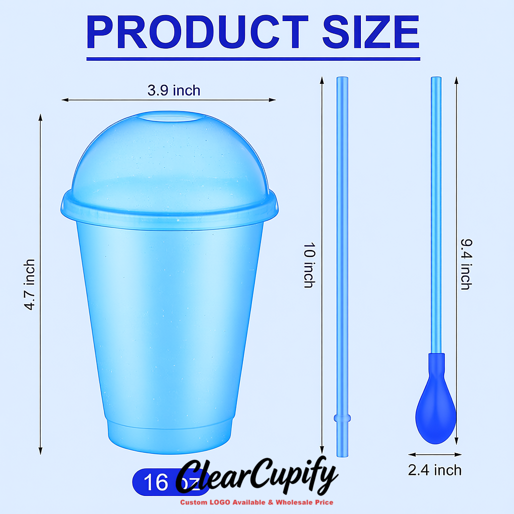 Blue 16 oz Plastic Slushie Cups with Dome Lid & Detachable Spoon Straws for Milkshake, Boba, Smoothies, Iced Coffee