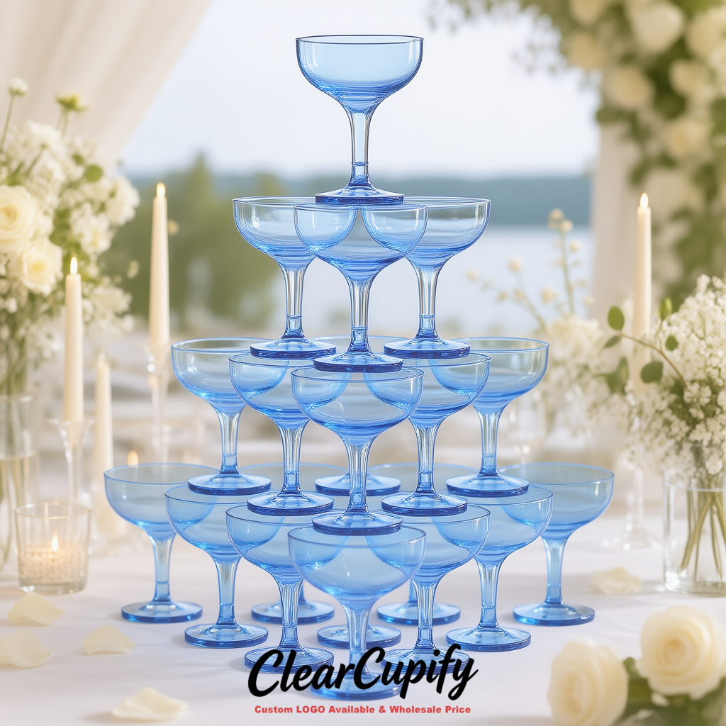 Blue 5oz Stackable Plastic Martini Glasses 4.13x3.14 inches/10.5x8 cm  For Champagne Tower