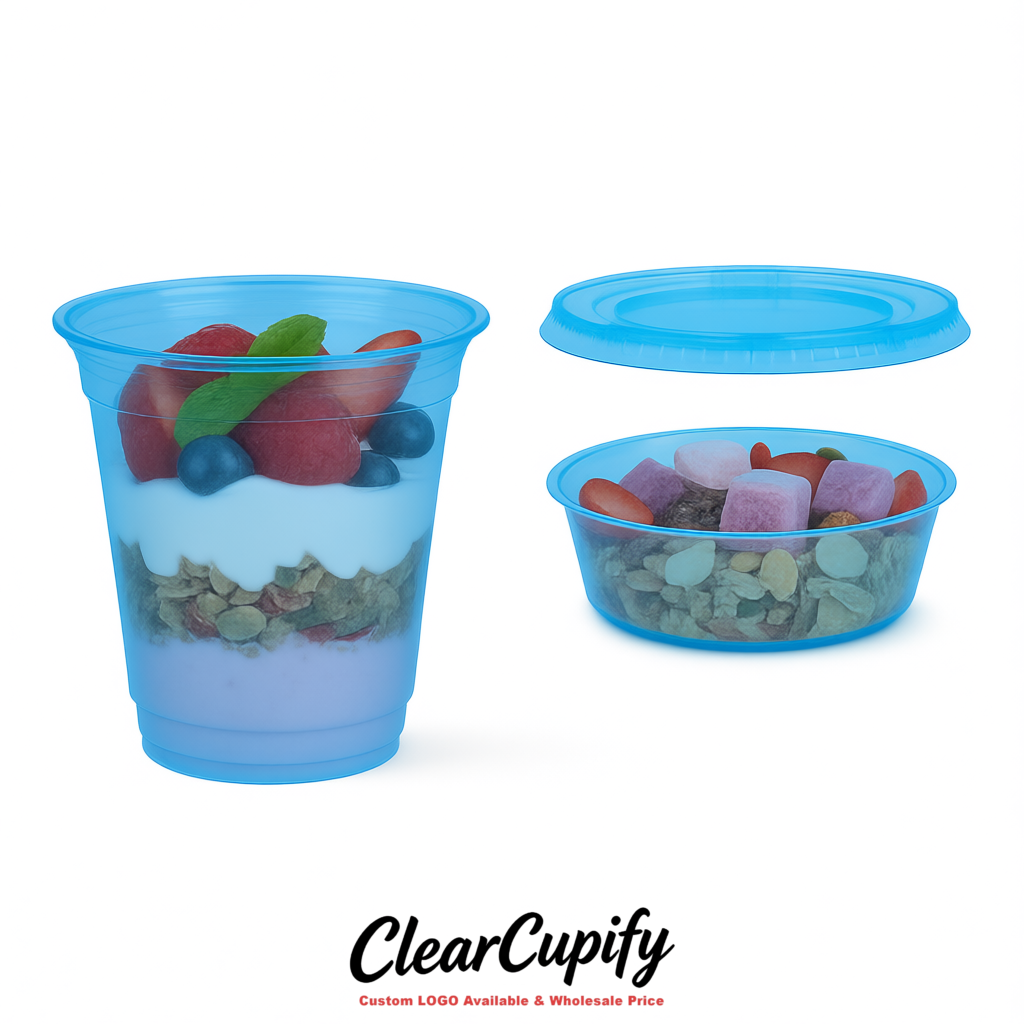 Blue 12 oz Disposable Plastic Parfait Cups with Insert & Flat lids 3.85 x 2.1 x 4 inches