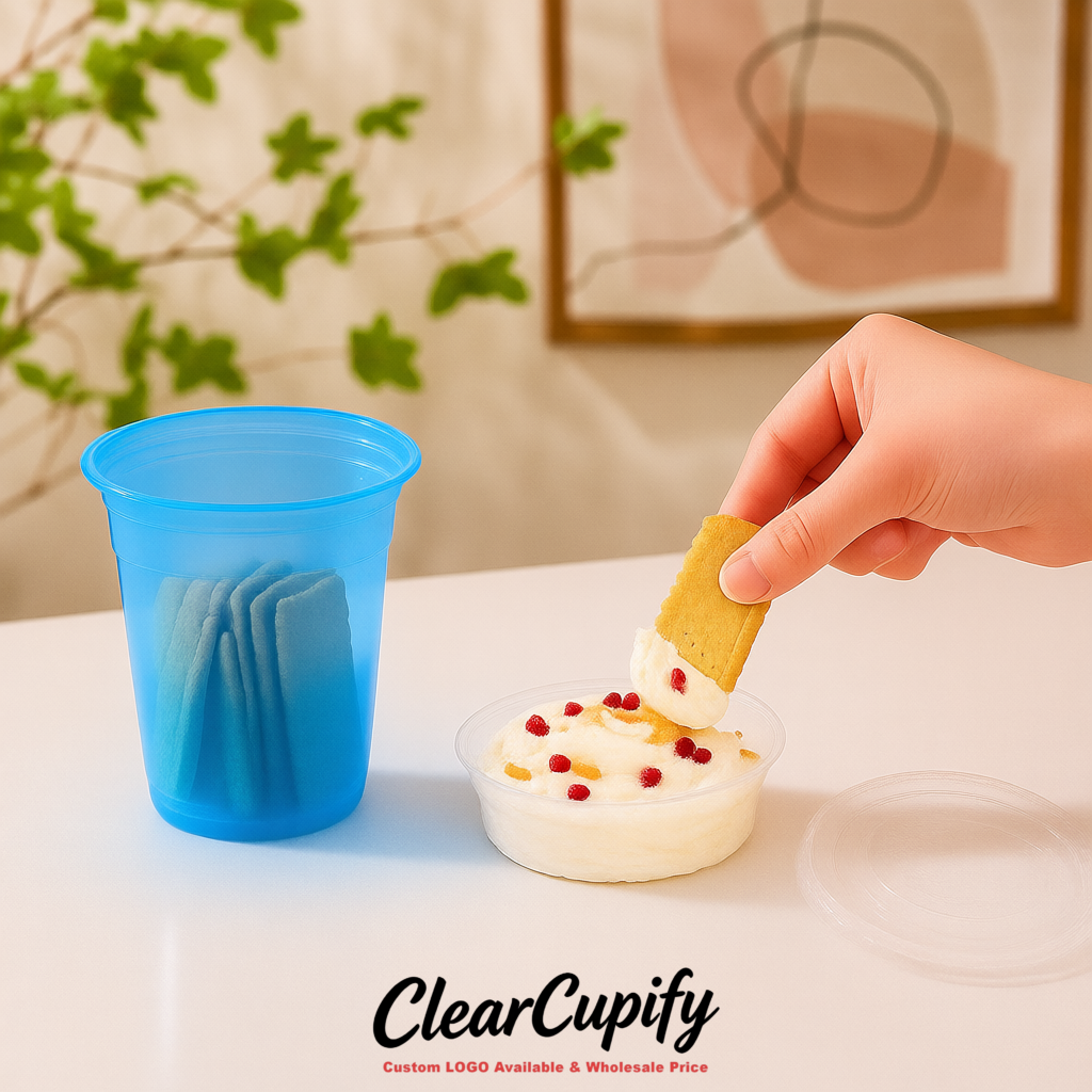 Blue 12 oz Disposable Plastic Parfait Cups with Insert & Flat lids 3.85 x 2.1 x 4 inches